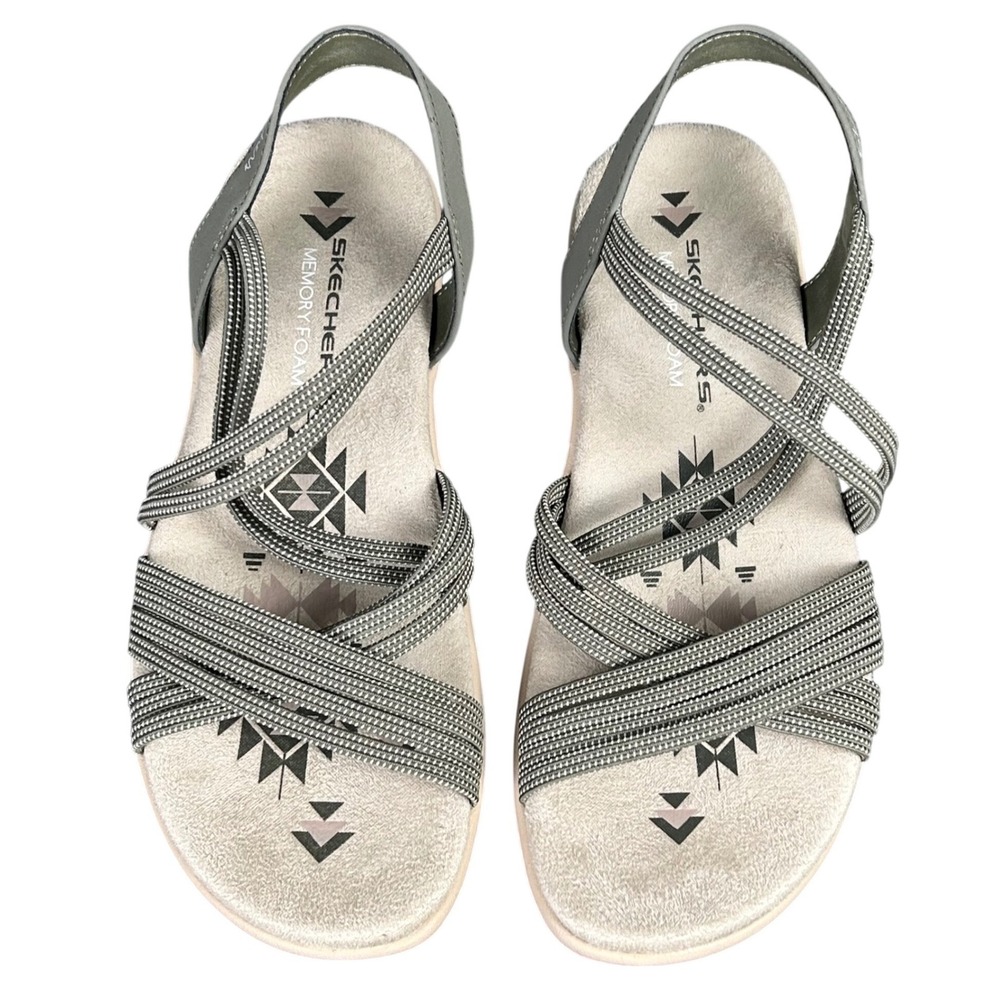 Skechers Reggae Slim Vacay Womens‎ 6 Olive Grey Strappy Memory Foam Sandals